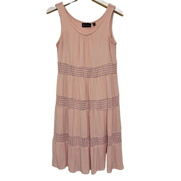 Versona Pink Peach Crochet Ruffled Tiered Sleeveless Flowy Dress Size S - Picture 1 of 9